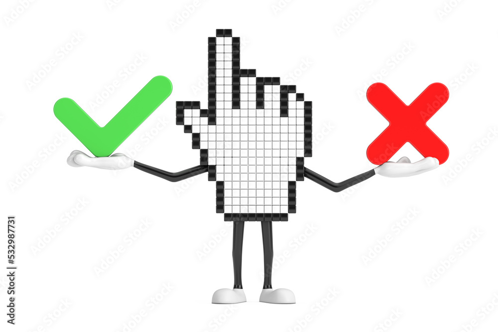 Poster pixel hand cursor mascot person character with red cross and green check mark, confirm or deny, yes 