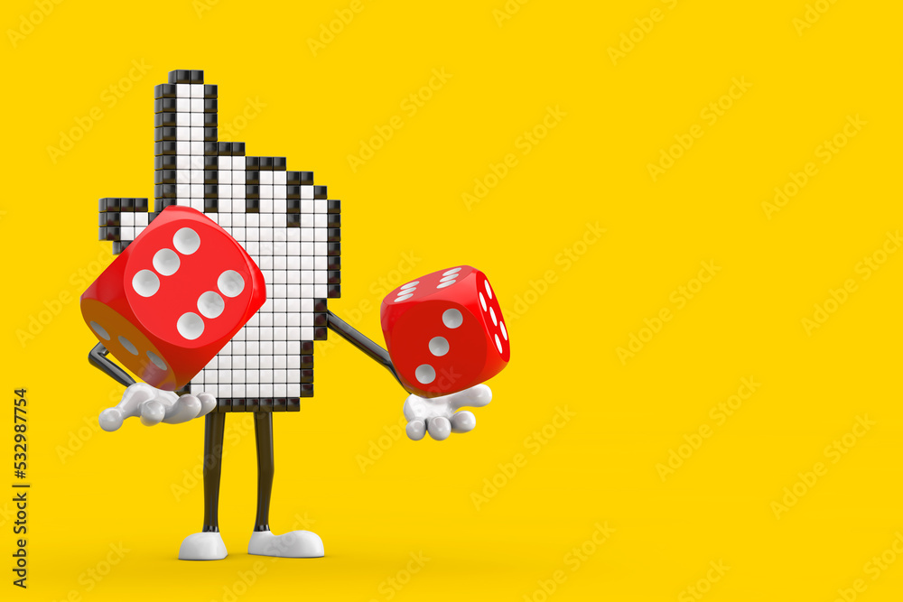 Leinwandbilder pixel hand cursor mascot person character with red game dice cubes in flight. 3d rendering