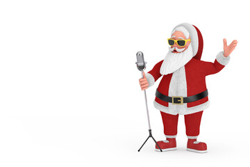 Happy Christmas and New Year Greeting Concept. Cartoon Cheerful Santa Claus Granpa Singing into Retro Microphone. 3d Rendering