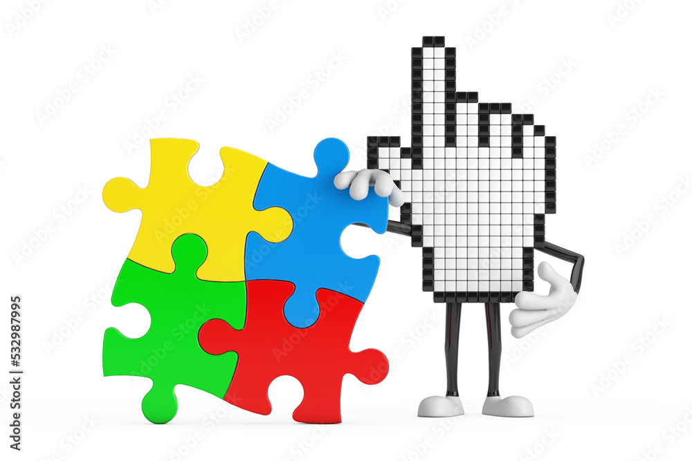 Poster Pixel Hand Cursor Mascot Person Character with Four Pieces of Colorful Jigsaw Puzzle. 3d Rendering