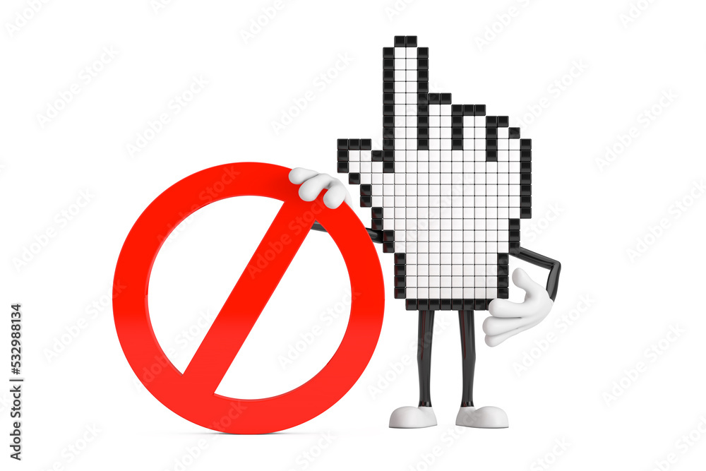 Fototapete Pixel Hand Cursor Mascot Person Character with Red Prohibition or Forbidden Sign. 3d Rendering