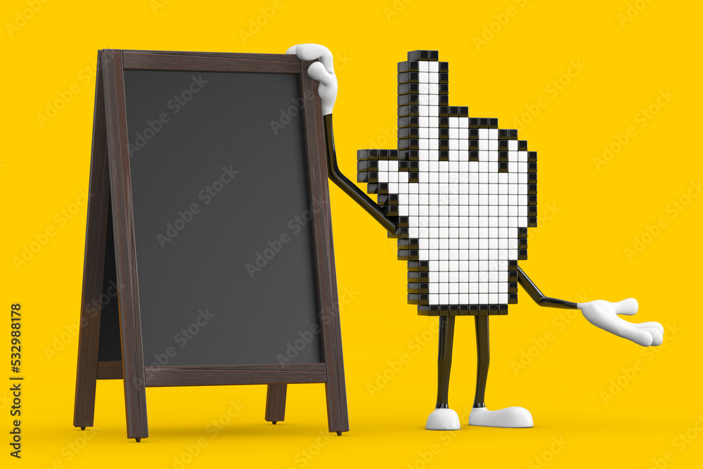 Poster pixel hand cursor mascot person character with blank wooden menu blackboards outdoor display. 3d ren