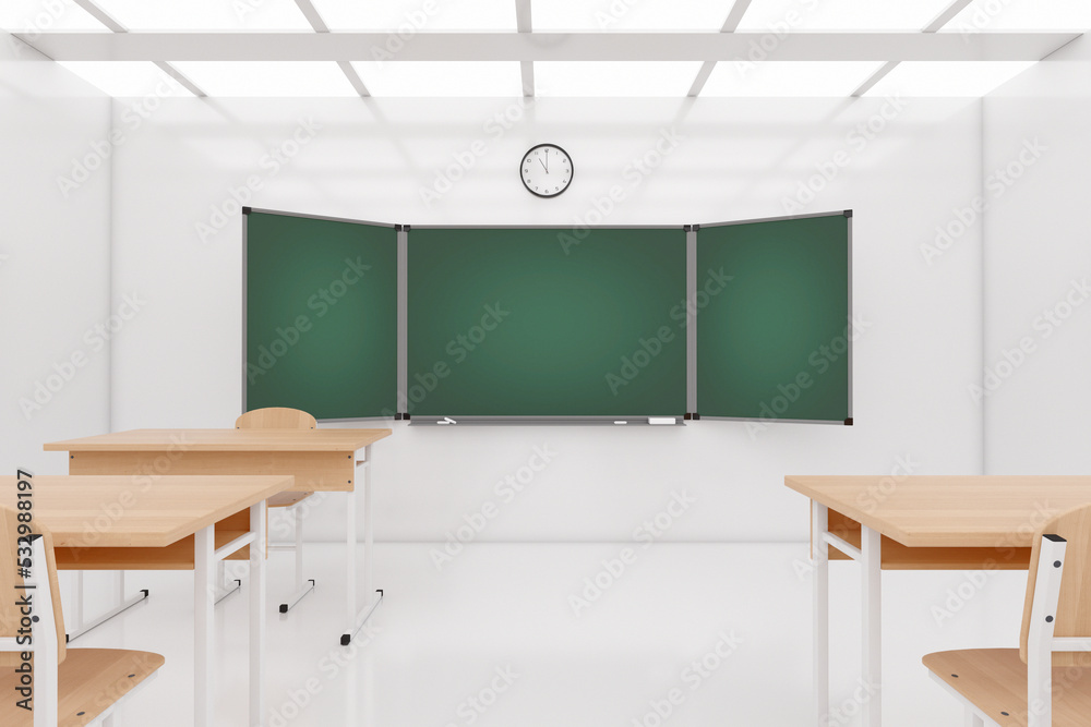 Poster empty modern school classroom with chairs, desks and chalkboard. 3d rendering
