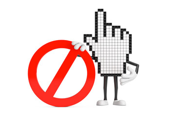 Pixel Hand Cursor Mascot Person Character with Red Prohibition or Forbidden Sign. 3d Rendering