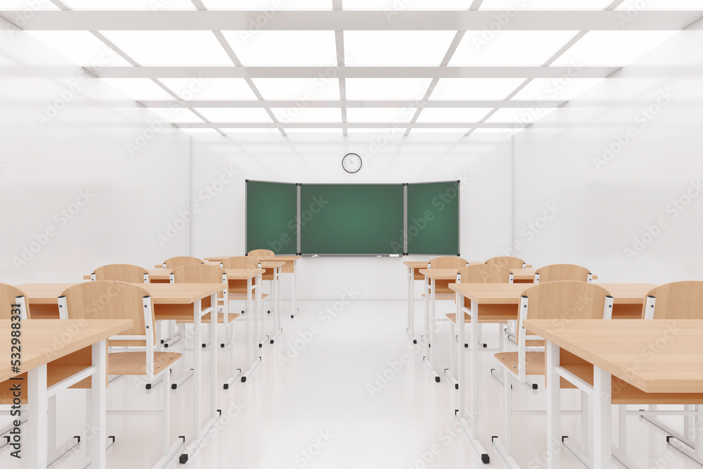 Poster empty modern school classroom with chairs, desks and chalkboard. 3d rendering