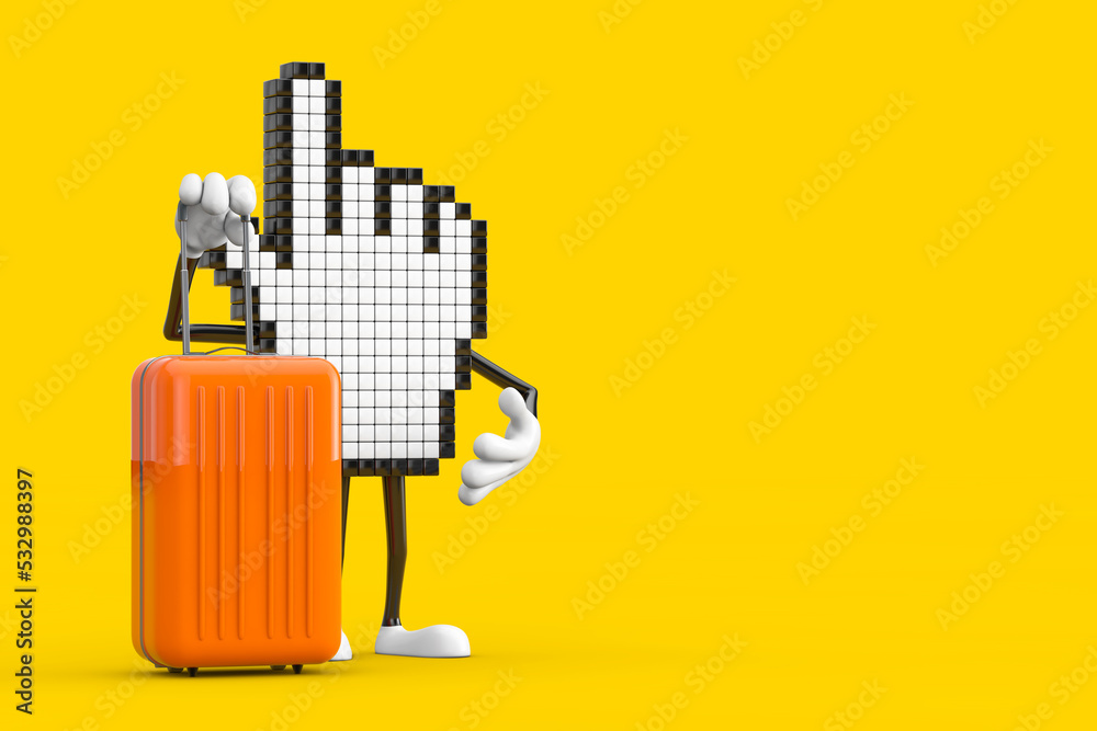 Aufkleber pixel hand cursor mascot person character with orange travel suitcase. 3d rendering