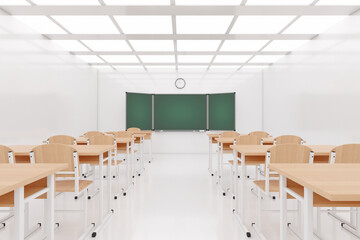 Empty Modern School Classroom with Chairs, Desks and Chalkboard. 3d Rendering