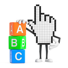 Pixel Hand Cursor Mascot Person Character with Alphabet ABC Education Cubes. 3d Rendering