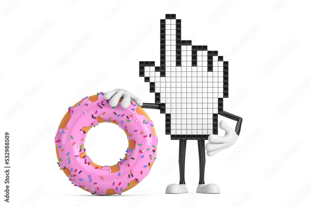 Aufkleber Pixel Hand Cursor Mascot Person Character with Big Strawberry Pink Glazed Donut. 3d Rendering