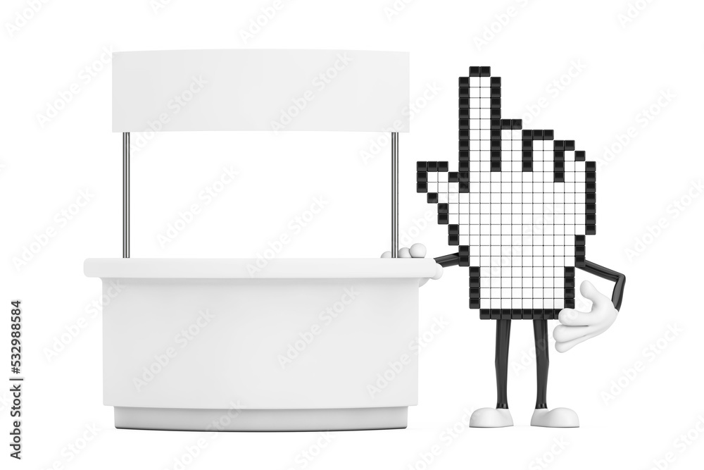 Poster pixel hand cursor mascot person character near blank promotion stand with free space for your design