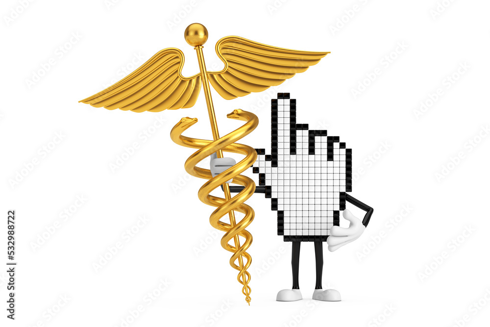 Poster pixel hand cursor mascot person character with golden medical caduceus symbol. 3d rendering