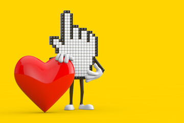 Pixel Hand Cursor Mascot Person Character with Red Heart. 3d Rendering