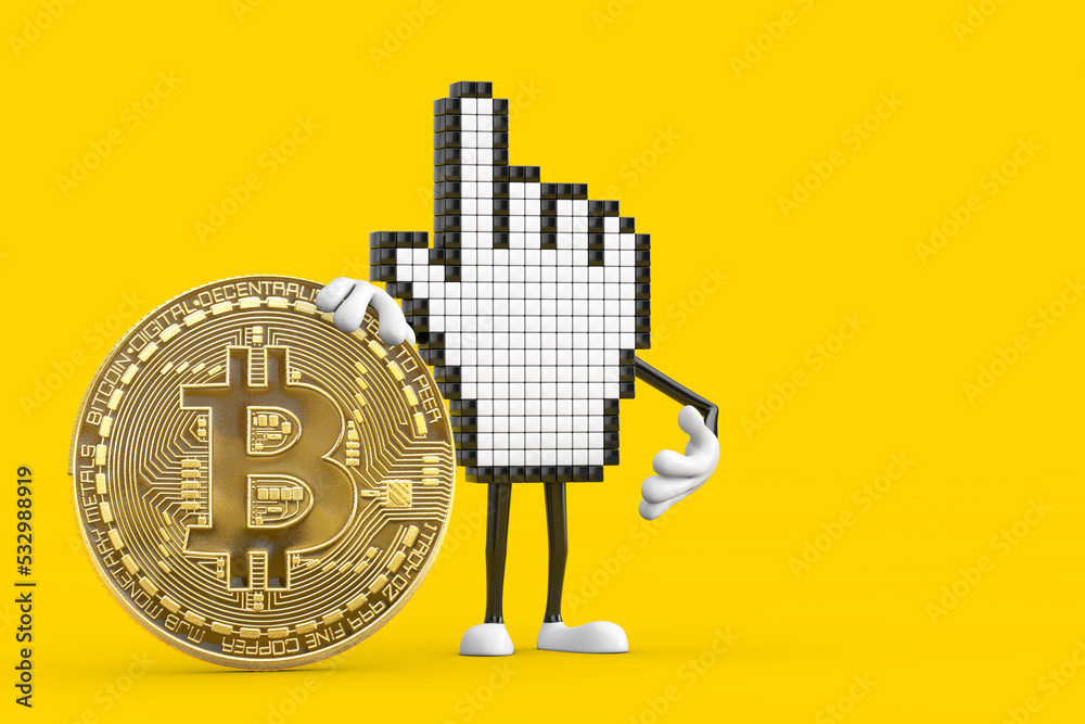 Aufkleber pixel hand cursor mascot person character with digital and cryptocurrency golden bitcoin coin. 3d re