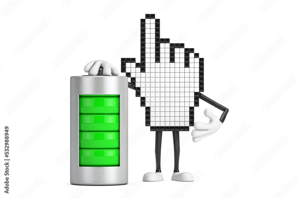 Fototapete pixel hand cursor mascot person character with abstract charging battery. 3d rendering