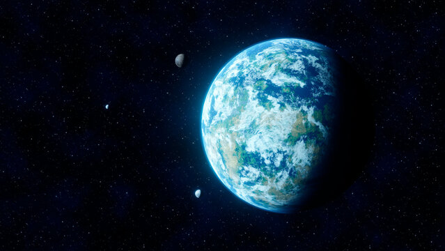 View of an unknown science fiction planet in blue tone similar to Earth in space with three small satellites in orbit around it. 3D Rendering © Martín Férriz