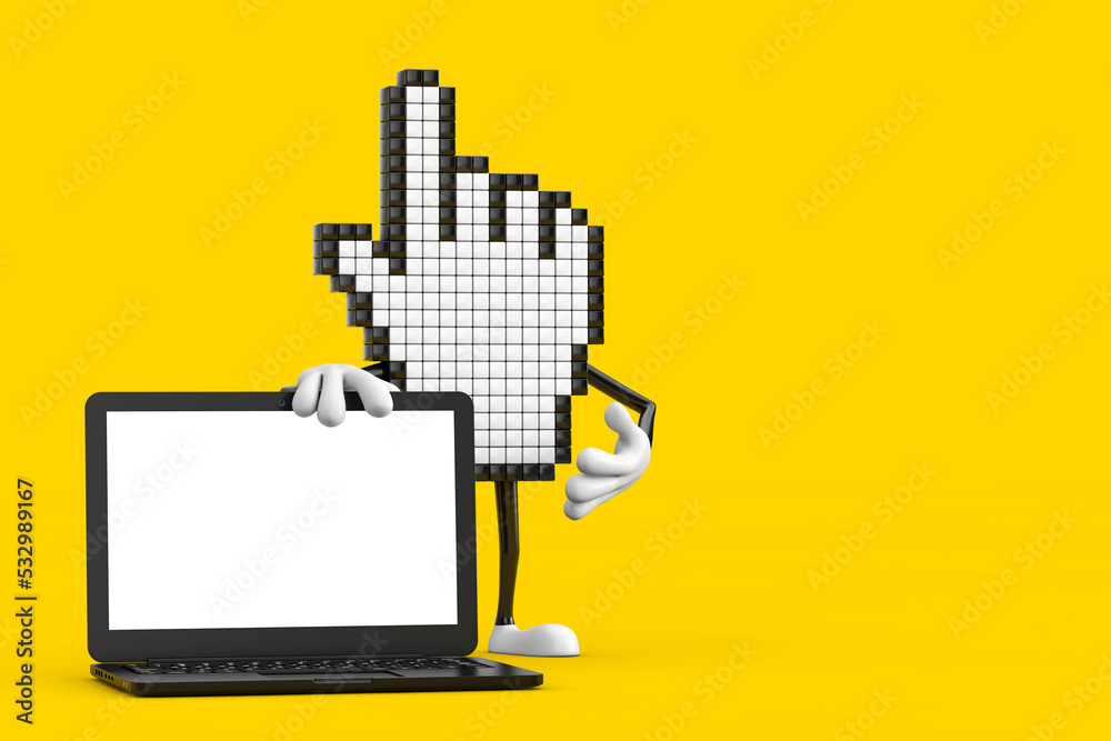 Leinwandbilder Pixel Hand Cursor Mascot Person Character with Modern Laptop Computer Notebook and Blank Screen for Your Design. 3d Rendering