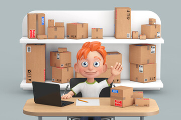 Cartoon Little Boy Teen Person Character Mascot in Warehouse or Post Office with Many Parcels. 3d Rendering
