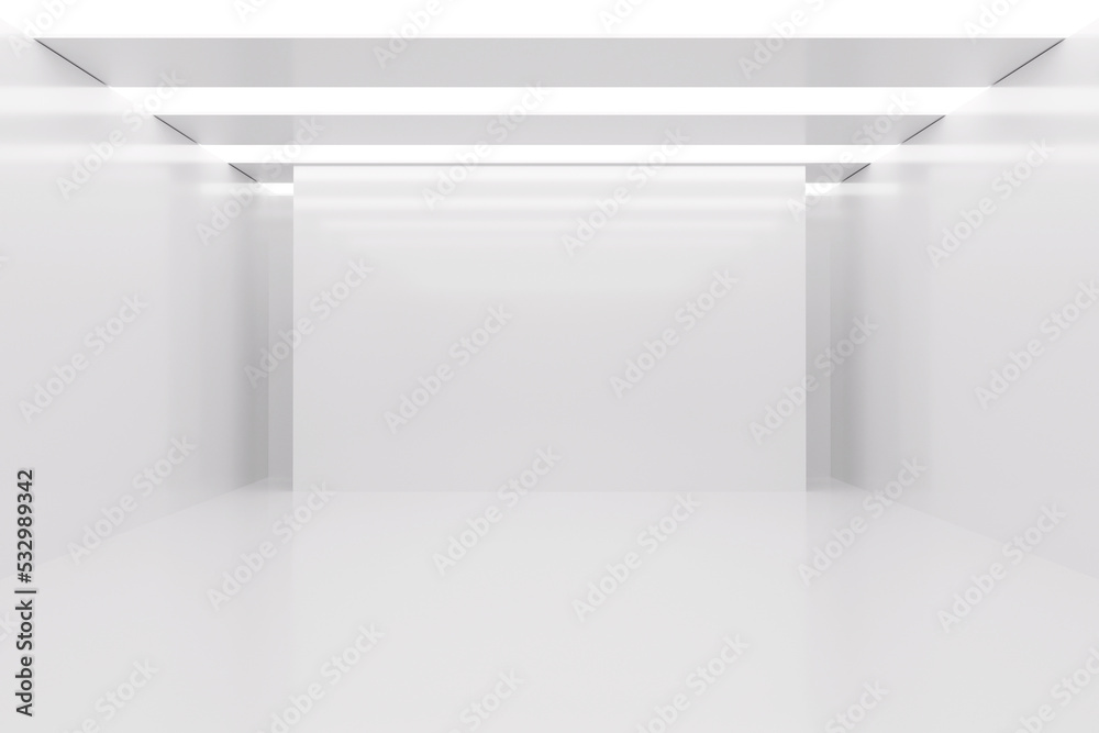 Poster illuminated empty open space, corridor or room interior, white abstract modern architecture backgrou