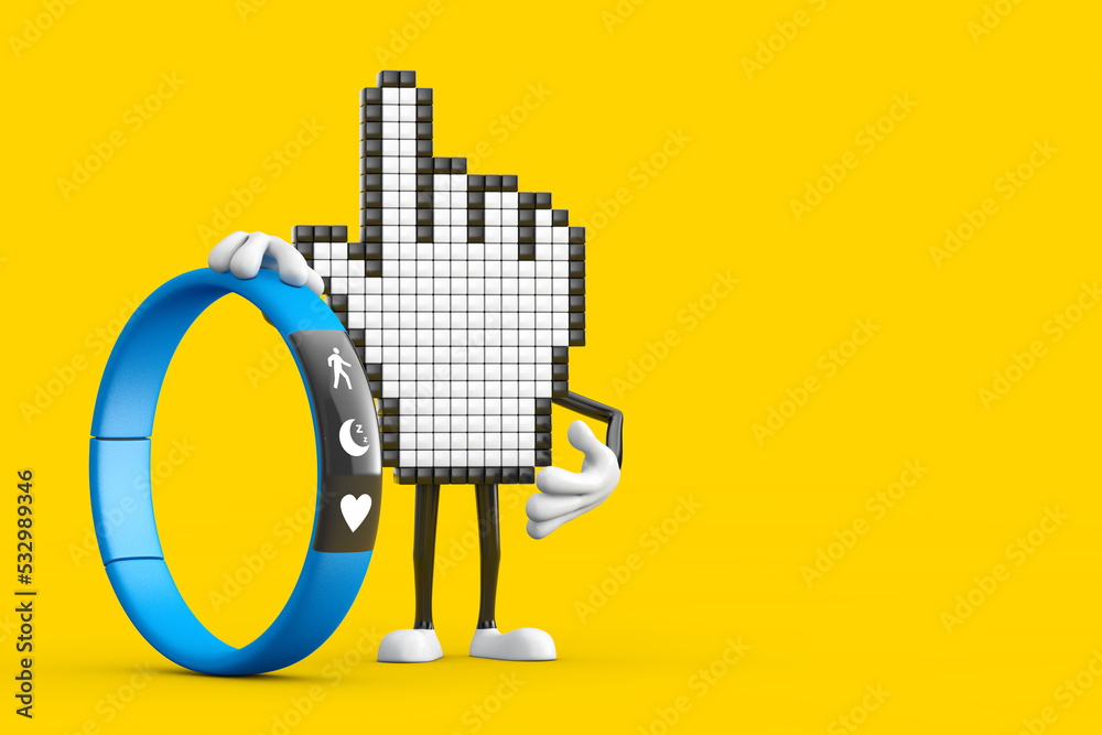 Poster pixel hand cursor mascot person character with blue fitness tracker. 3d rendering