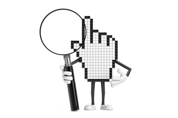 Pixel Hand Cursor Mascot Person Character with Magnifying Glass. 3d Rendering