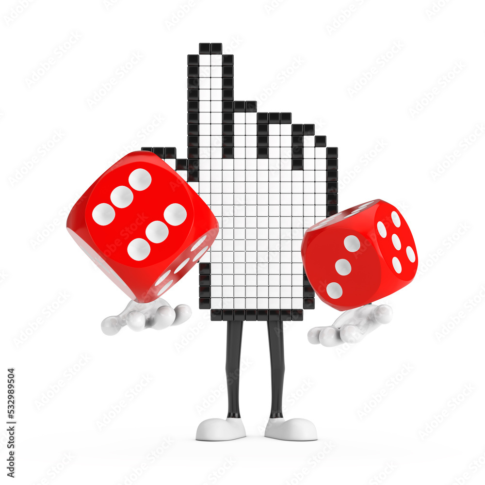 Poster pixel hand cursor mascot person character with red game dice cubes in flight. 3d rendering