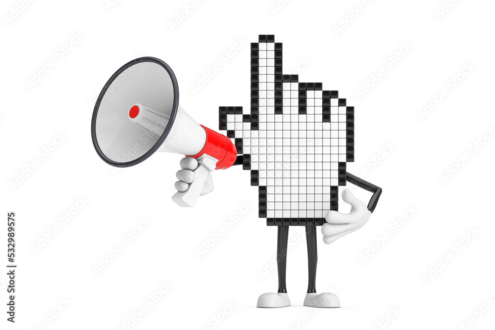 Leinwandbilder pixel hand cursor mascot person character with red retro megaphone. 3d rendering