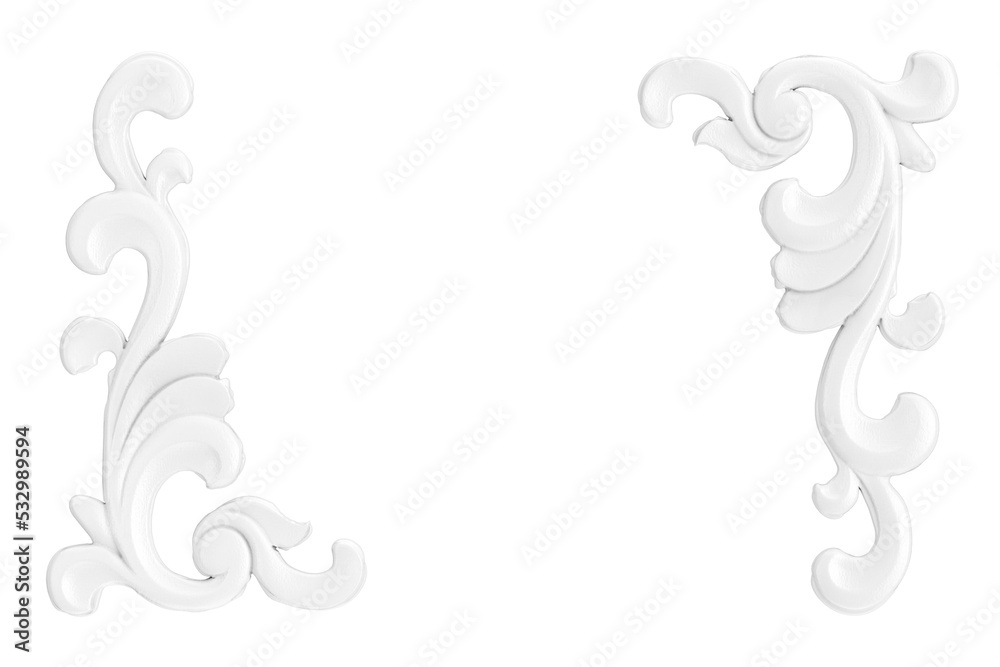 Aufkleber white gypsum bagetnye frames and element. stucco weave, pattern, ornament. 3d rendering