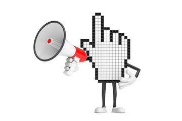 Pixel Hand Cursor Mascot Person Character with Red Retro Megaphone. 3d Rendering
