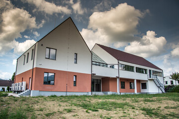 Fototapeta na wymiar Old Vocational School in Prundu Bârgăului, Bistrita,Romania ,September 2022