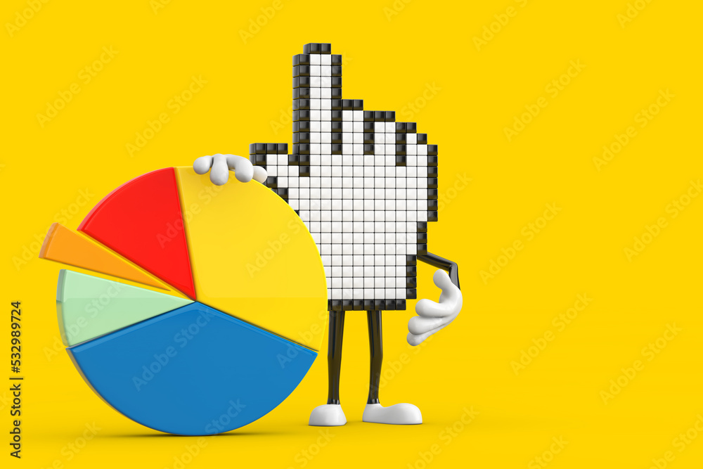Leinwandbilder pixel hand cursor mascot person character with info graphics business pie chart. 3d rendering