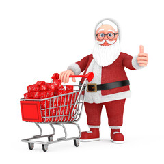 Happy Christmas and New Year Greeting Concept. Shopping cart with Discount Cubes and Cartoon Cheerful Santa Claus Granpa Giving Thumb Up. 3d Rendering
