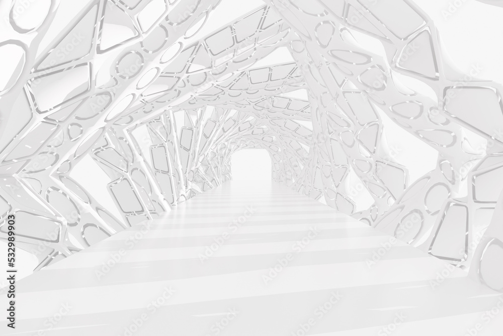 Poster illuminated empty open space, corridor or room interior, white abstract modern architecture backgrou