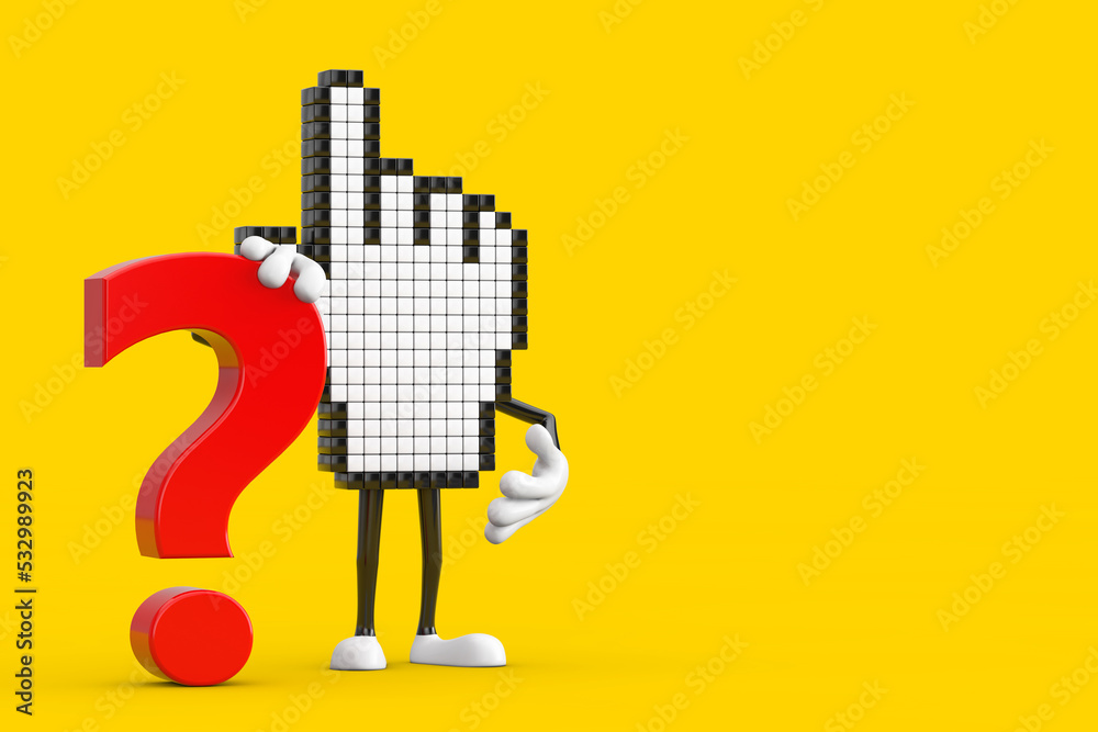 Fototapete pixel hand cursor mascot person character with red question mark sign. 3d rendering