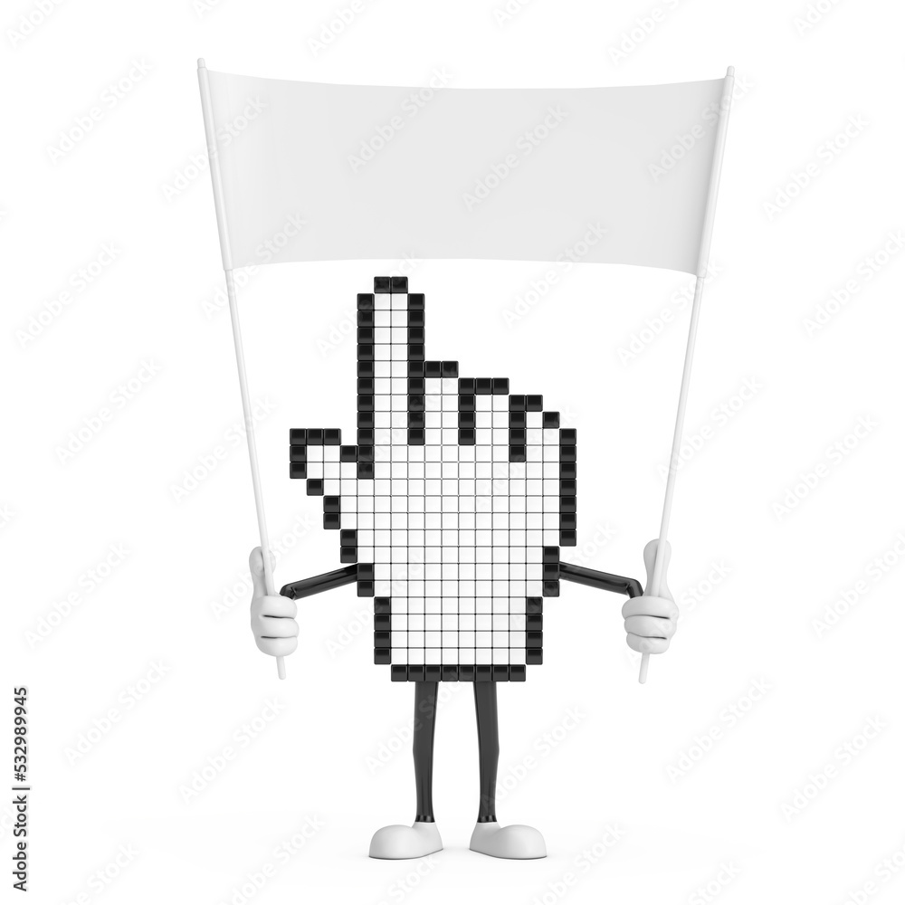 Poster pixel hand cursor mascot person character and empty white blank banner with free space for your desi