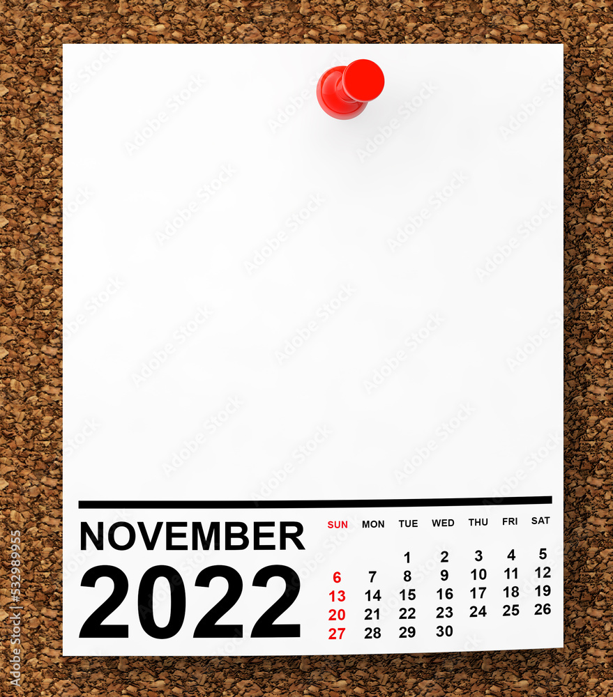 Poster calendar november 2022 on blank note paper. 3d rendering