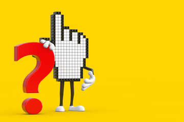 Pixel Hand Cursor Mascot Person Character with Red Question Mark Sign. 3d Rendering