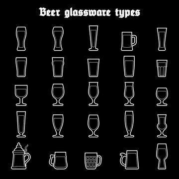 Beer glassware set. Various types of beer filled glasses and mugs. White outline icones on black background, isolated.
