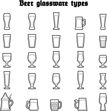Beer glassware set. Various types of beer filled glasses and mugs. Black outline icones on white background, isolated.