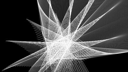 Fototapeta na wymiar A design of radiating and overlapping white lines, on black