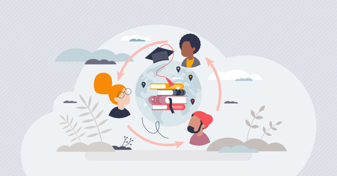 Student exchange and international university program tiny person concept. Global network with academic learning and pupil experience development using travel to other countries vector illustration.