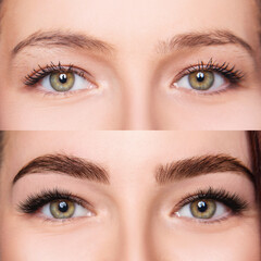 Female eyebrows before and after brows correction.