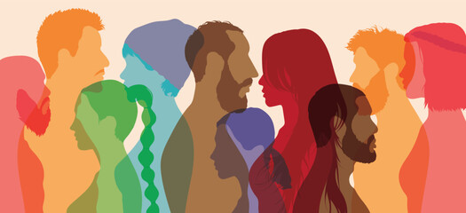 An illustration of a diverse group of women, girls, and men. A flat cartoon illustration of racial equality and diversity.