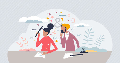 Student cheating as miserable exam action and plagiarism tiny person concept. Unfair test for school or university with looking over to classmate vector illustration. Intellectual property stealing.