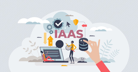 IAAS or infrastructure as service cloud computing model tiny person concept. Smart network database servers, software and hardware hosting for client demand vector illustration. Web storage support.