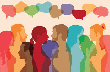 Communication concept with crowd and speech bubbles. Social media communication with group of people in profile. Vector cartoon talking.