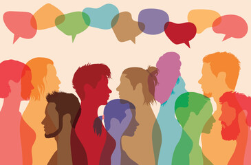 People talking. Multicoloured profile vector cartoon. Communication between groups of people talking. Crowd talking. Social networking communication.