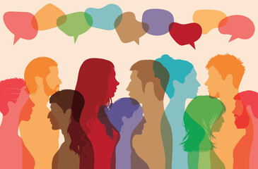 People from a diverse group of nationalities talk in a speech bubble. Vector cartoon heads face to the side. Communication on social networks.