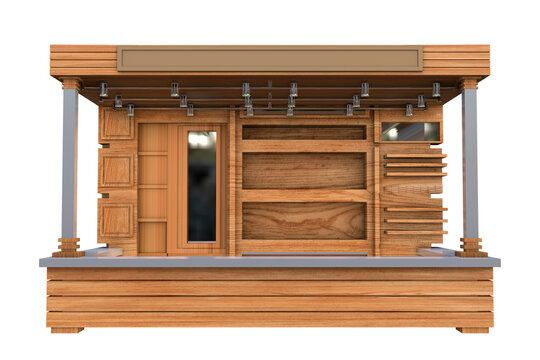 3D RENDER ILLUSTRATION. Sample idea model hot food and drink booth kiosk. Small business street food stall market or Product exhibition fair counter concept design.
