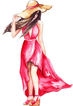 Fashion girl in pink dress and hat isolated art