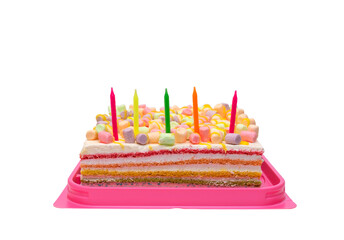 birthday cake with candles
multi-colored rainbow cake in a transparent box with a red bow. Celebration cake with five candles isolated on white background.